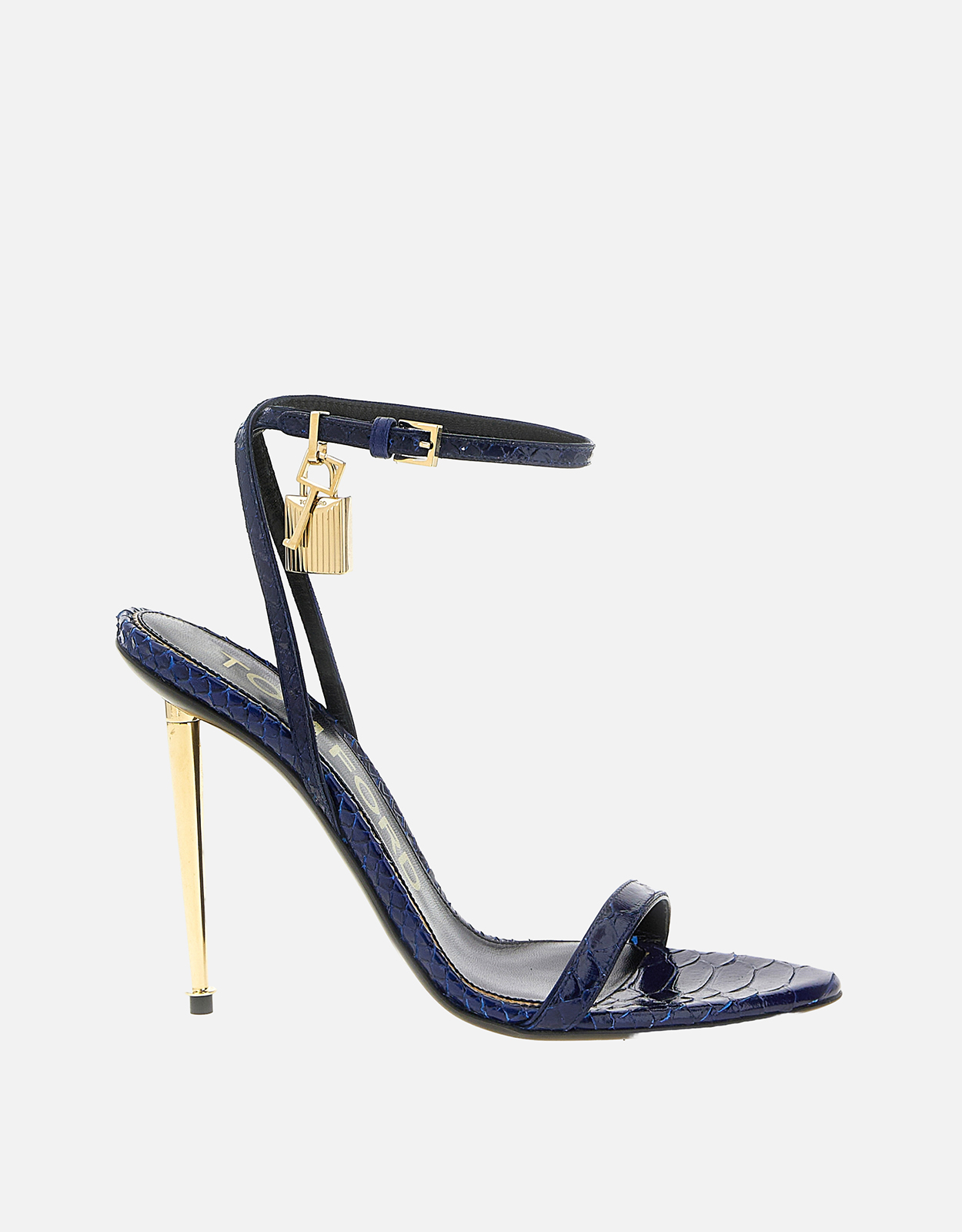 Tom Ford Semi Shiny Printed Python Calfskin Leather Padlock Pointy Naked Sandals - EU 35　Tom Ford 半光沢プリント パイソン カーフスキン レザー パドロック ポインティ ネイキッド サンダル - EU 35 Tom
