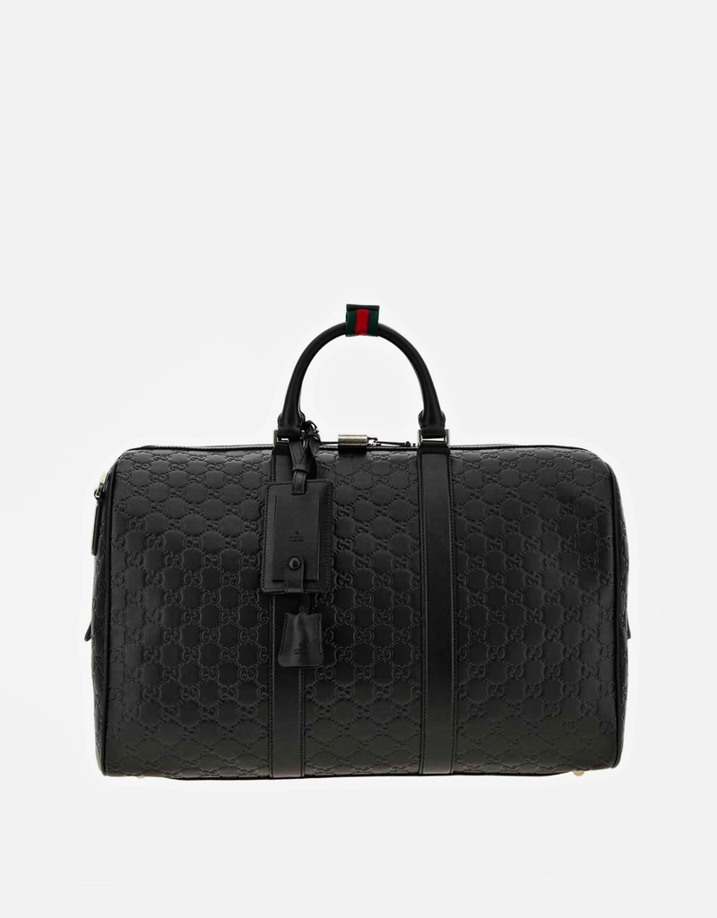 【GUCCI】 ブラックレザー　トラベルバッグ【カバー付き】 Gucci メンズ レザーエンボスエンブレム トラベルバッグ () IFCHIC.COM