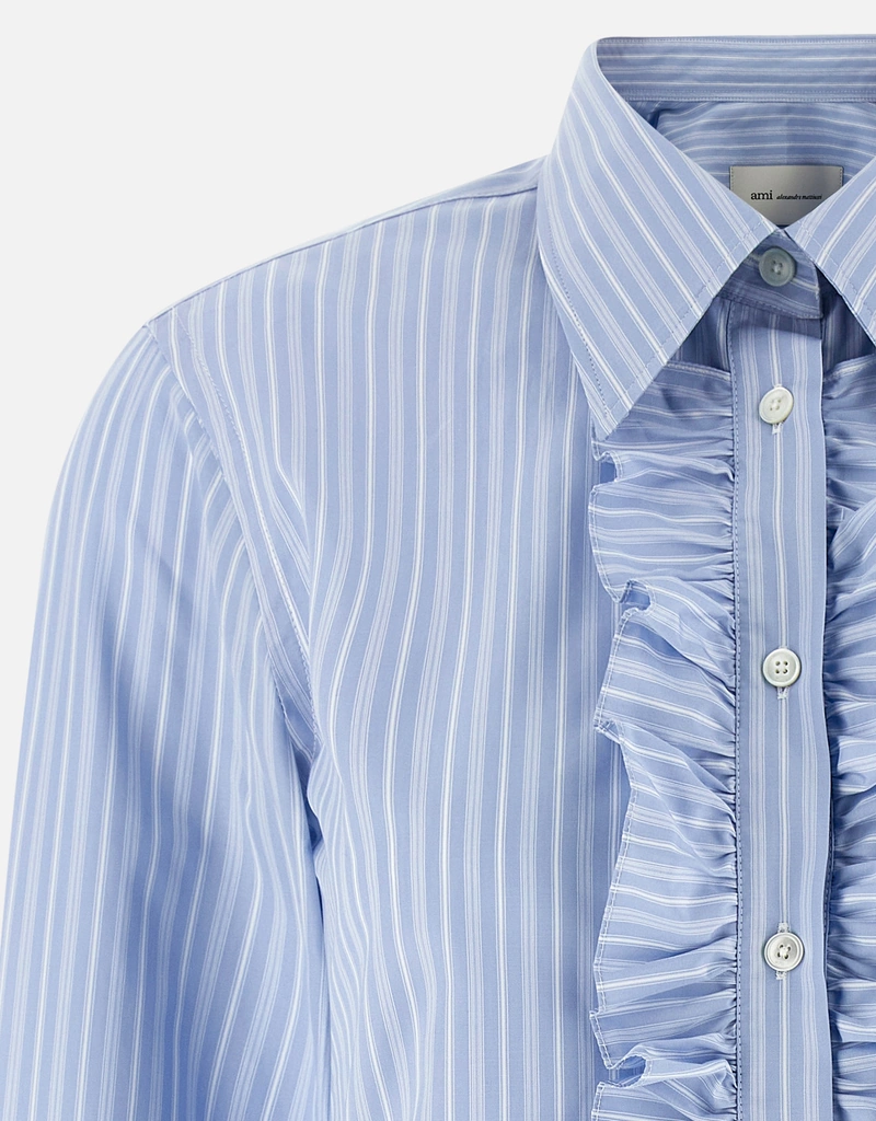 AMI Paris ブルーコットン長袖フリル調節シャツ (すべての新品) IFCHIC.COM
