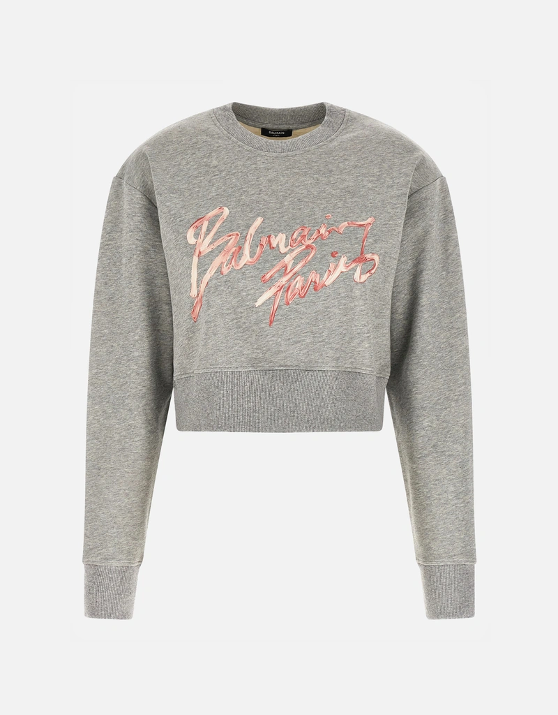 ★BALMAIN レディース シルバーラメ ロゴスウェット 中綿★ Balmain クロップド プリント コットン スウェットシャツ (すべての