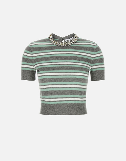 Self-Portrait グレー ストライプ クリスタルトリム ニットセーター