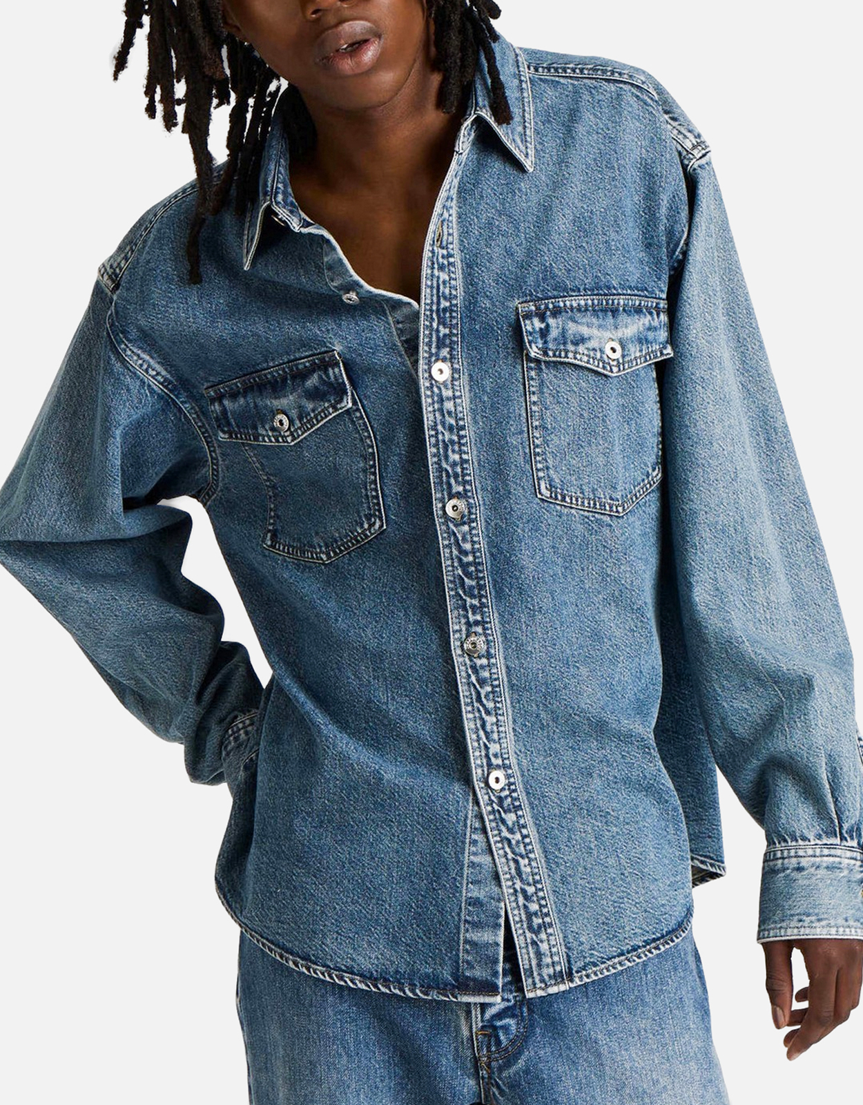 JW Anderson Men's Oversized Denim Shirt Mid Blue (Shirts) IFCHIC.COM