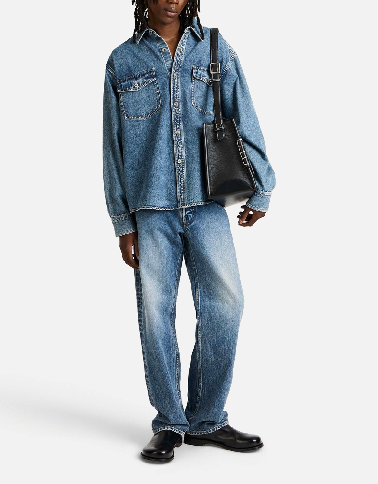 JW Anderson Men's Oversized Denim Shirt Mid Blue (Shirts) IFCHIC.COM