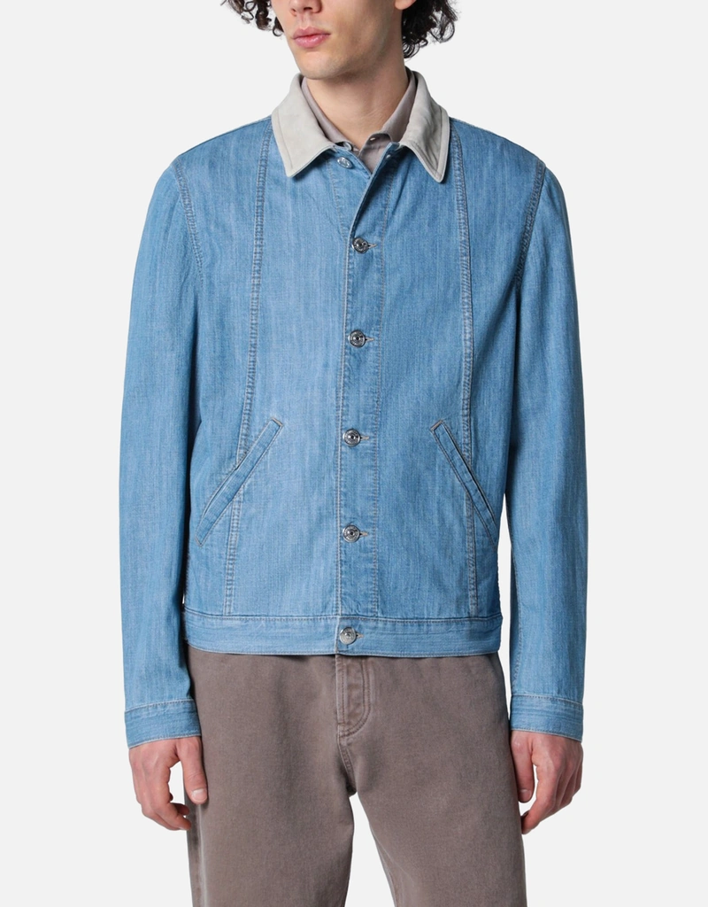Brunello Cucinelli メンズデニムブルージャケット スエードカラー付き