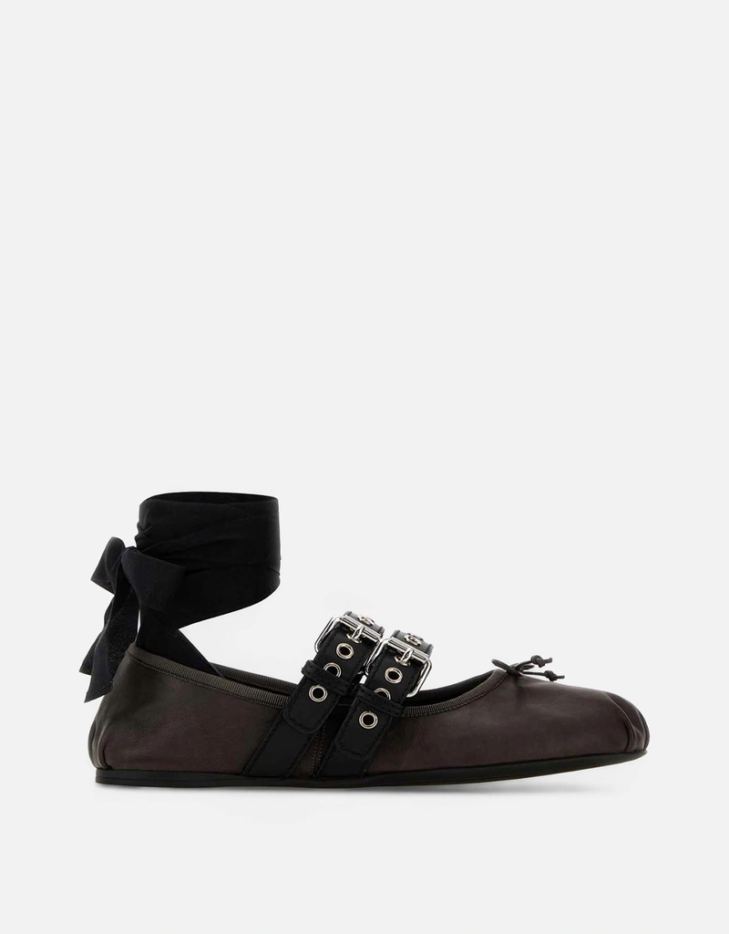 Miu Miu ダークブラウンカーフスキンバレエシューズ () IFCHIC.COM
