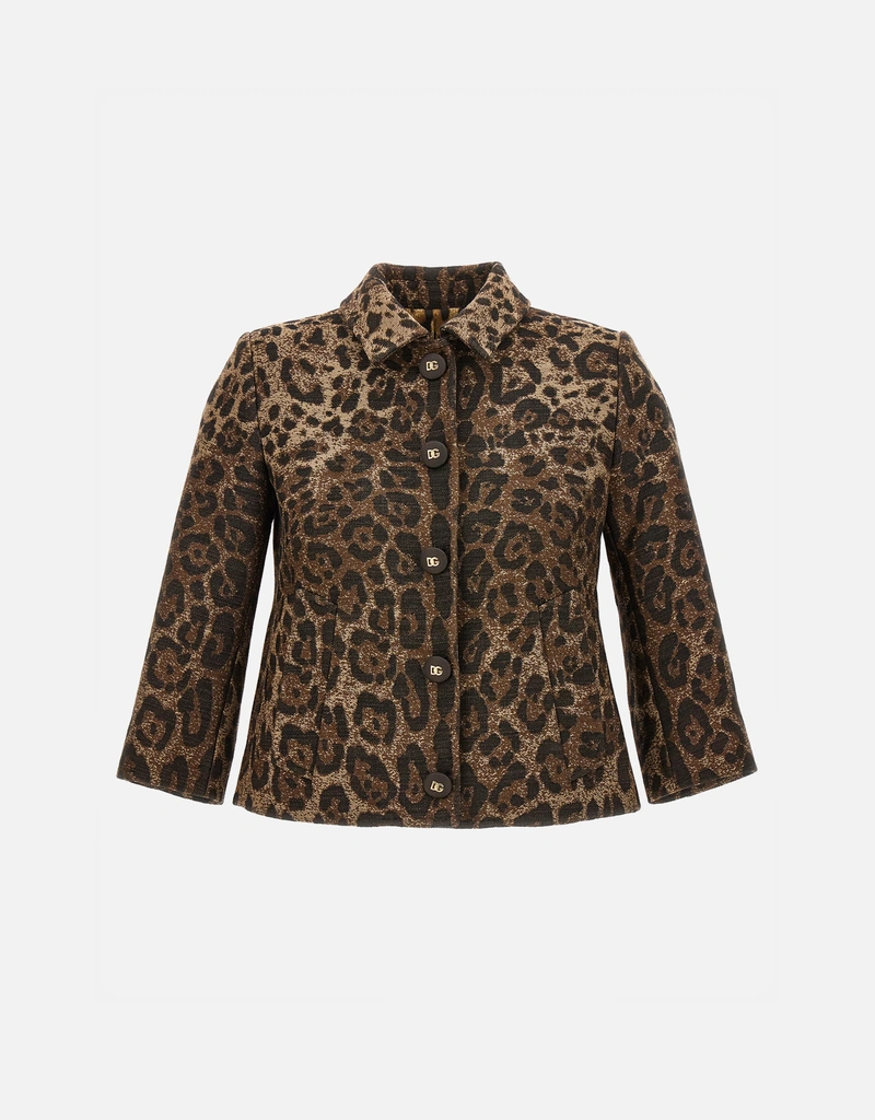 Dolce & Gabbana ウール絎縫ジャガードヒョウ柄クロップドジャケット