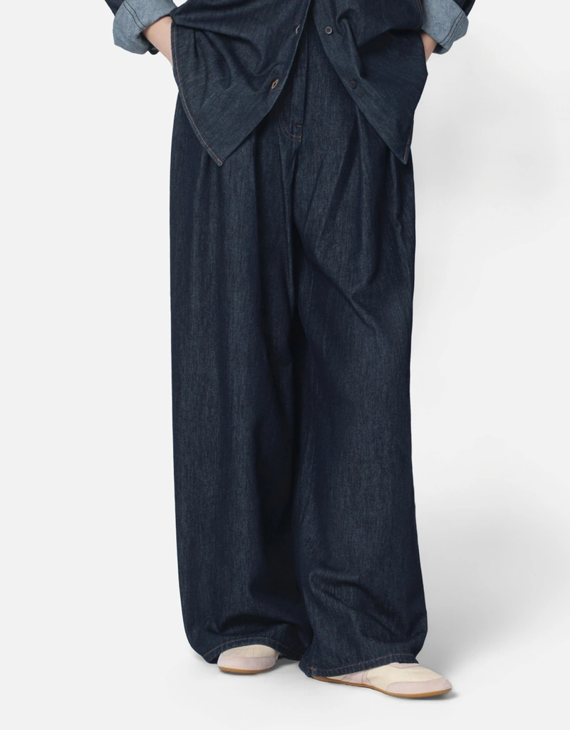 Dries Van Noten インディゴデニムワイドレッグプリーツパンツ (パンツ