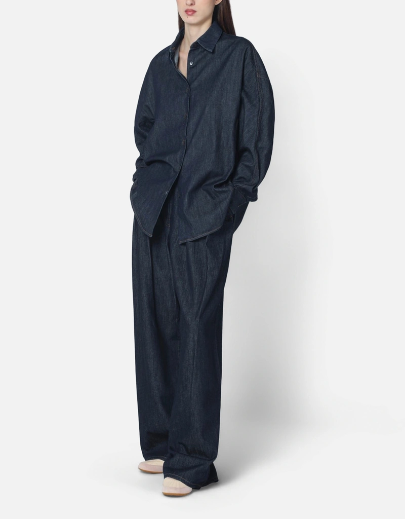 Dries Van Noten Indigo Denim Wide-Leg Pleated Pants (Pants) IFCHIC.COM