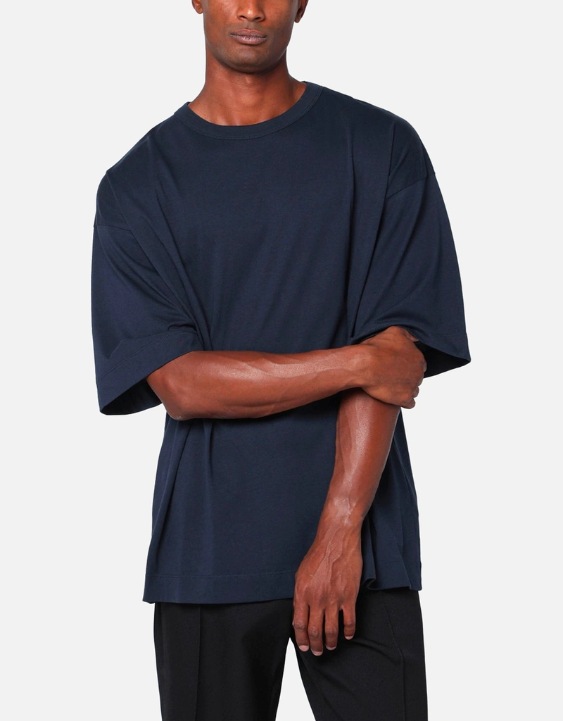 Dries Van Noten メンズオーバーサイズコットンネイビーブルーTシャツ