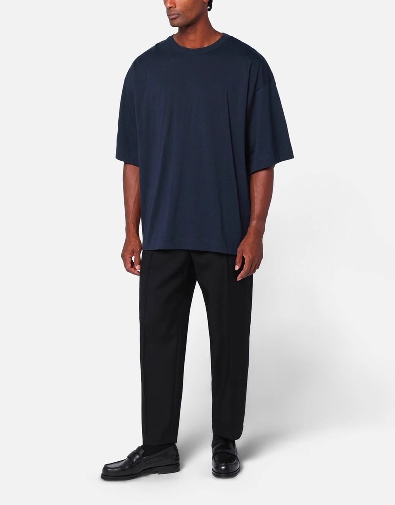 Dries Van Noten メンズオーバーサイズコットンネイビーブルーTシャツ