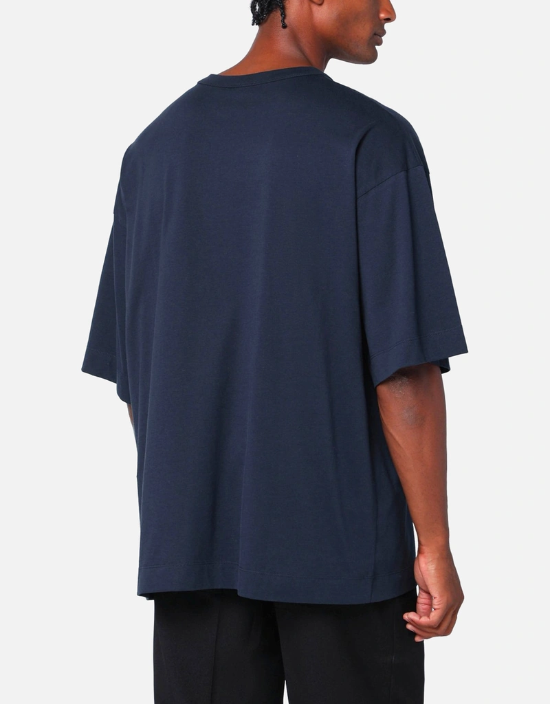 Dries Van Noten メンズオーバーサイズコットンネイビーブルーTシャツ