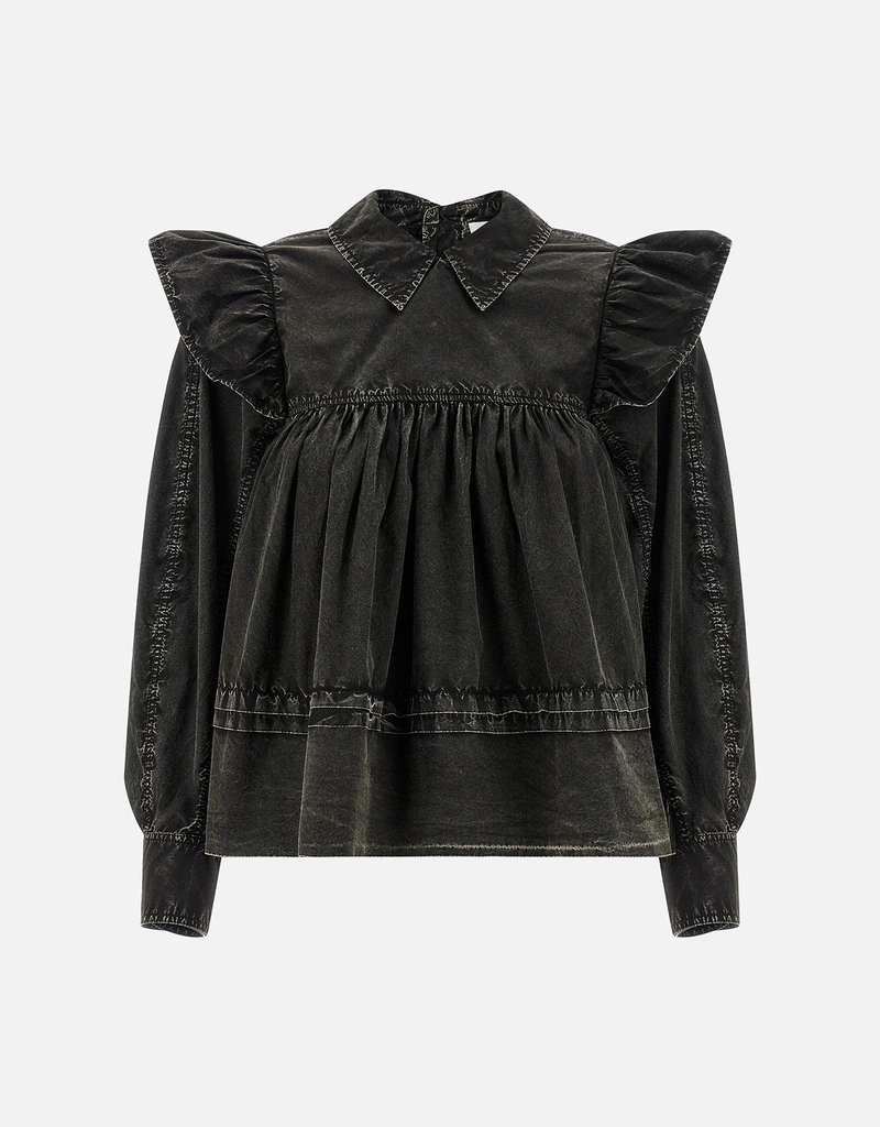 Ganni ブラックウォッシュフリルブラウス (すべての新品) IFCHIC.COM
