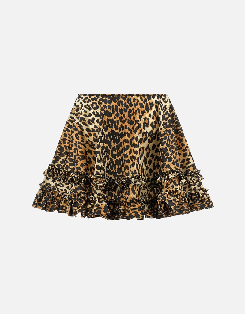 GANNI ヒョウ柄 フレアスカート Ganni レオパードデュシェスナイロンミニフリルスカート (すべての新品