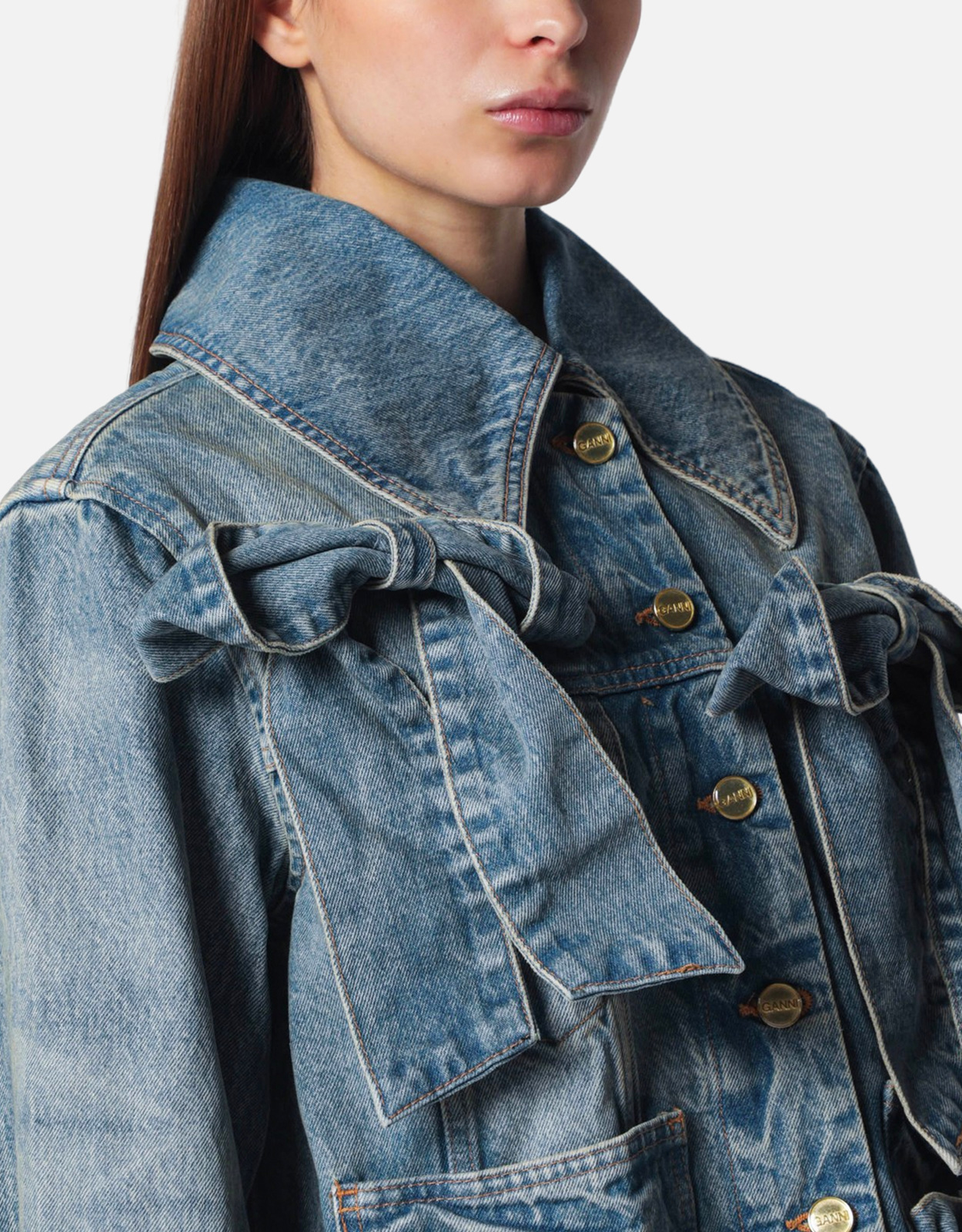Ganni リジッドデニムジャケット ボウ付き (すべての新品) IFCHIC.COM