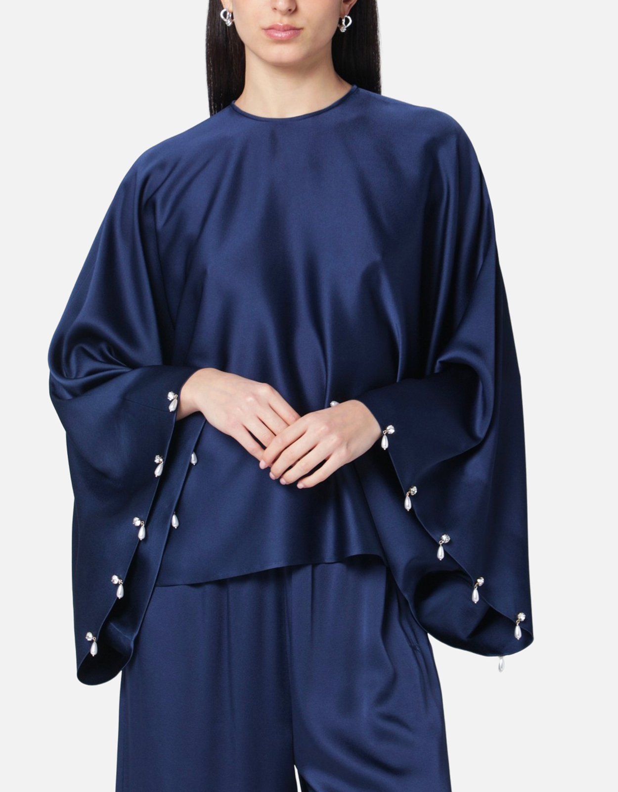 Stella McCartney Stella McCartney Navy Blue Oversized Viscose Satin Blouse - IT 42　ステラ マッカートニー ネイビー ブルー オーバーサイズ ビスコース サテン ブラウス - IT 42