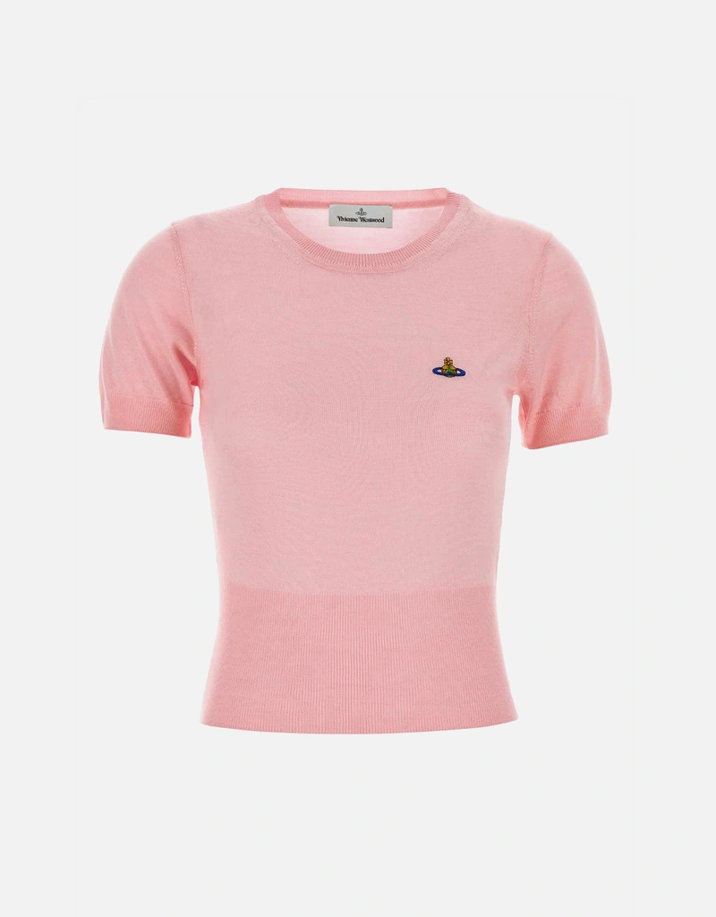 【美品】Vivienne Westwood タンクトップ ピンク 刺繍ロゴ 2 Vivienne Westwood ウールシルク混紡リブ半袖Beaトップ (すべての新品