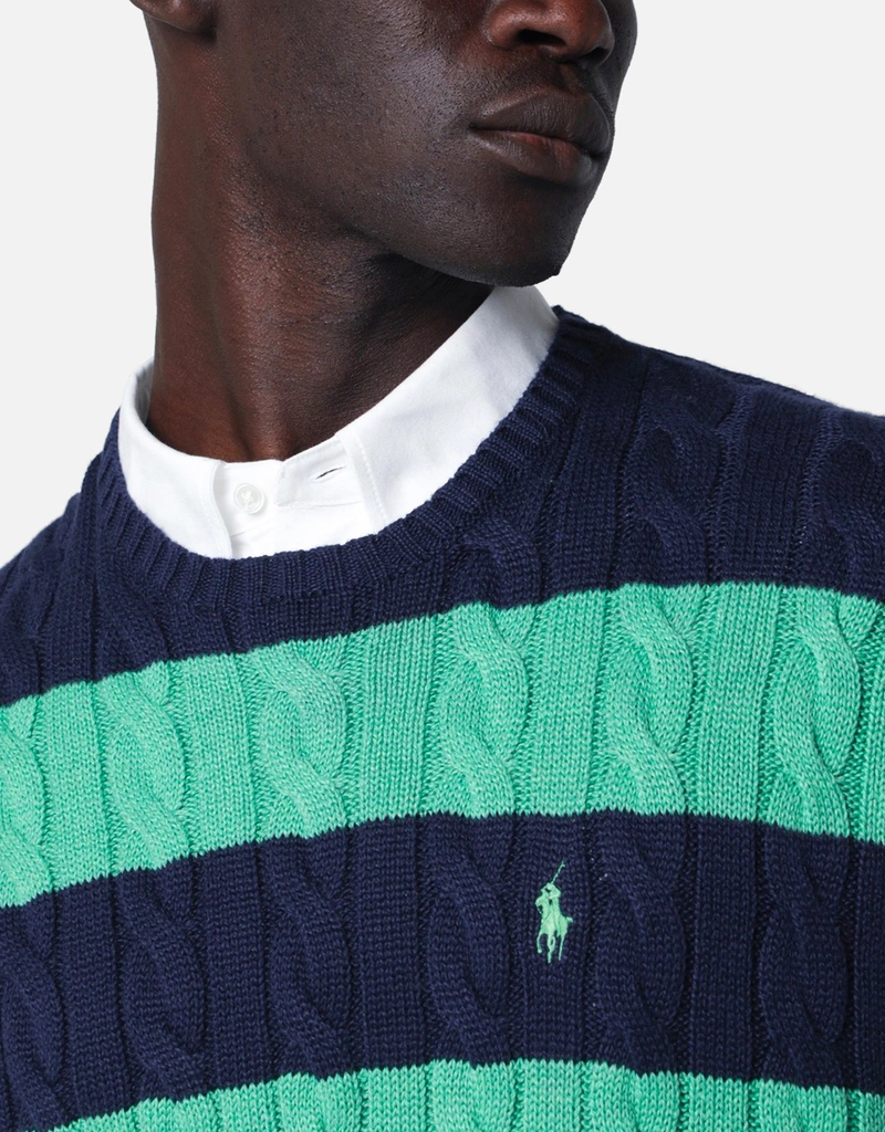 POLO RALPH LAUREN ストライプ柄ケーブルニットセーター 新品 Polo Ralph Lauren メンズネイビーブルーグリーンストライプケーブル