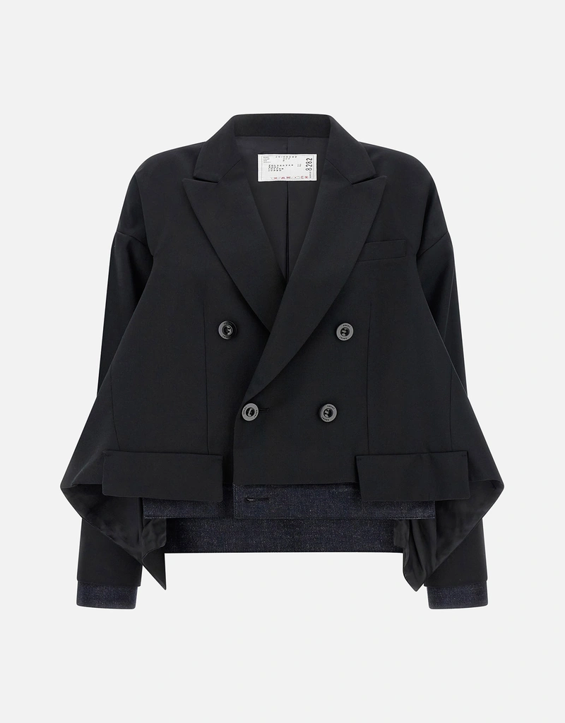 Sacai スーティング×デニム ウールブレンド ダブルブレストクロップ