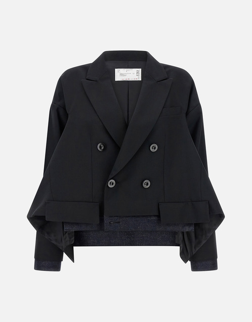 Sacai スーティング×デニム ウールブレンド ダブルブレストクロップ