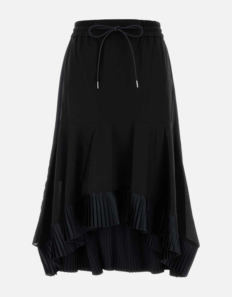 Sacai ブラックコットンプリーツアシンメトリーヘムスカート (すべての