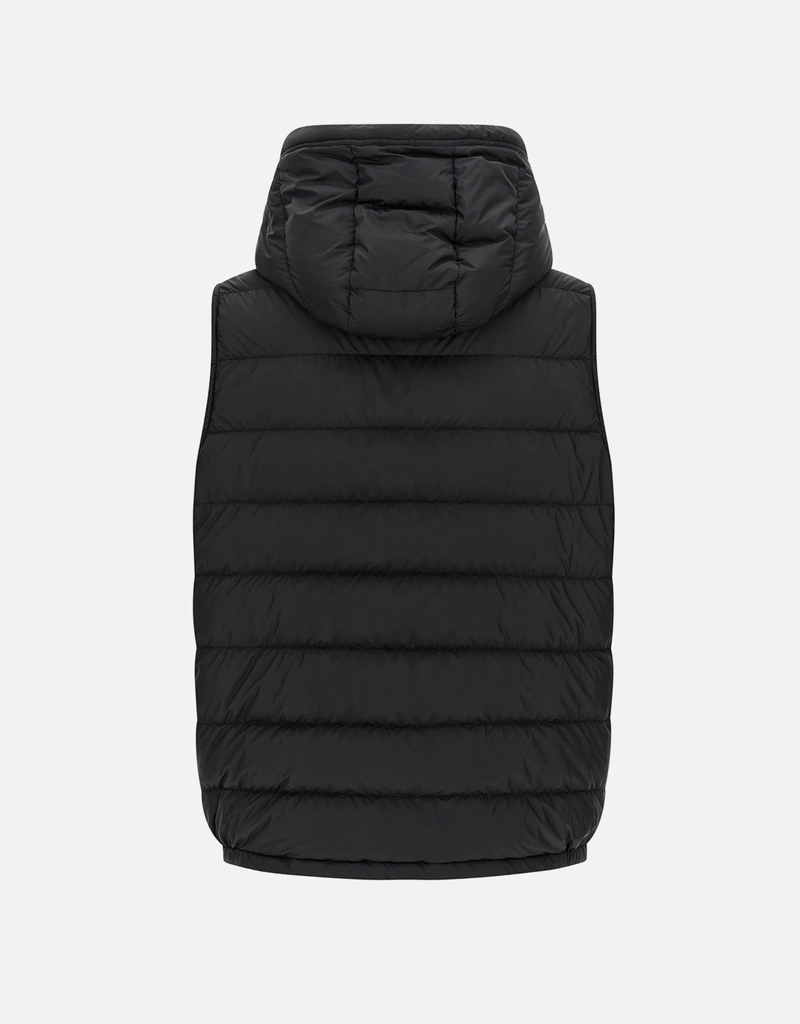 MONCLER ブラックダウンベスト フード付き MONCLER (モンクレール) フードロゴ フルジップ ダウンベスト
