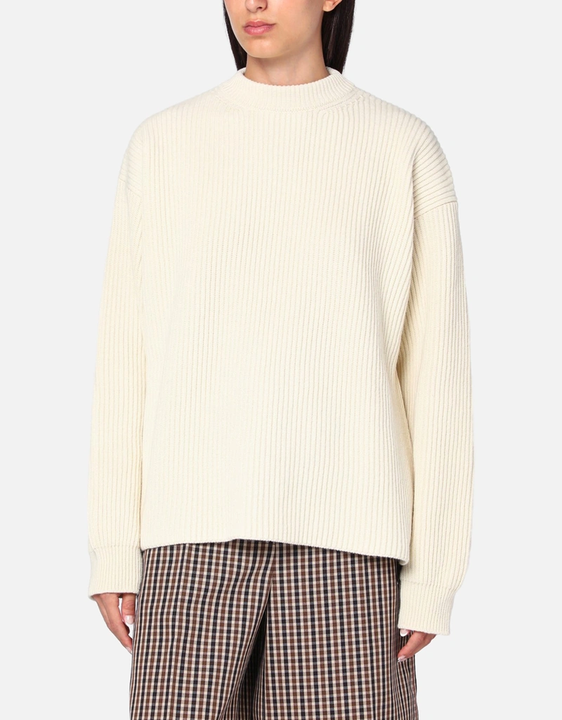 Jil Sander White Ribbed Wool Crewneck Sweaters (Tops) IFCHIC.COM
