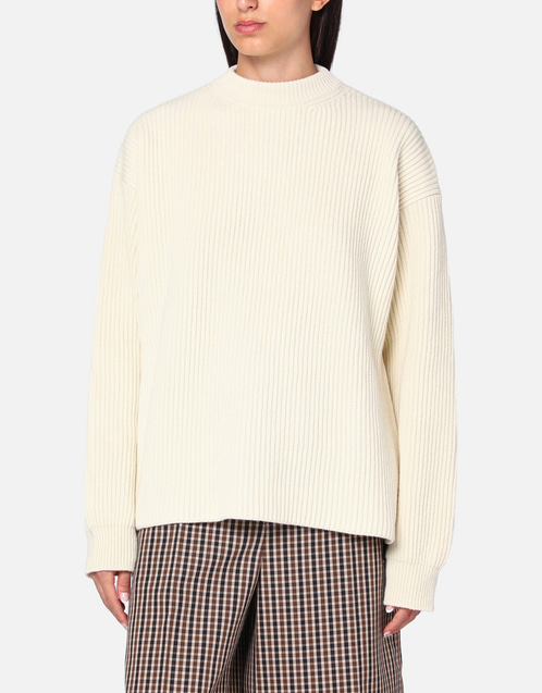 Jil Sander ホワイトリブ編みウールクルーネックセーター (トップス