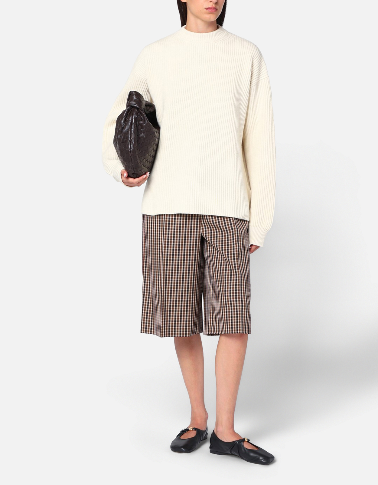 Jil Sander ホワイトリブ編みウールクルーネックセーター (トップス