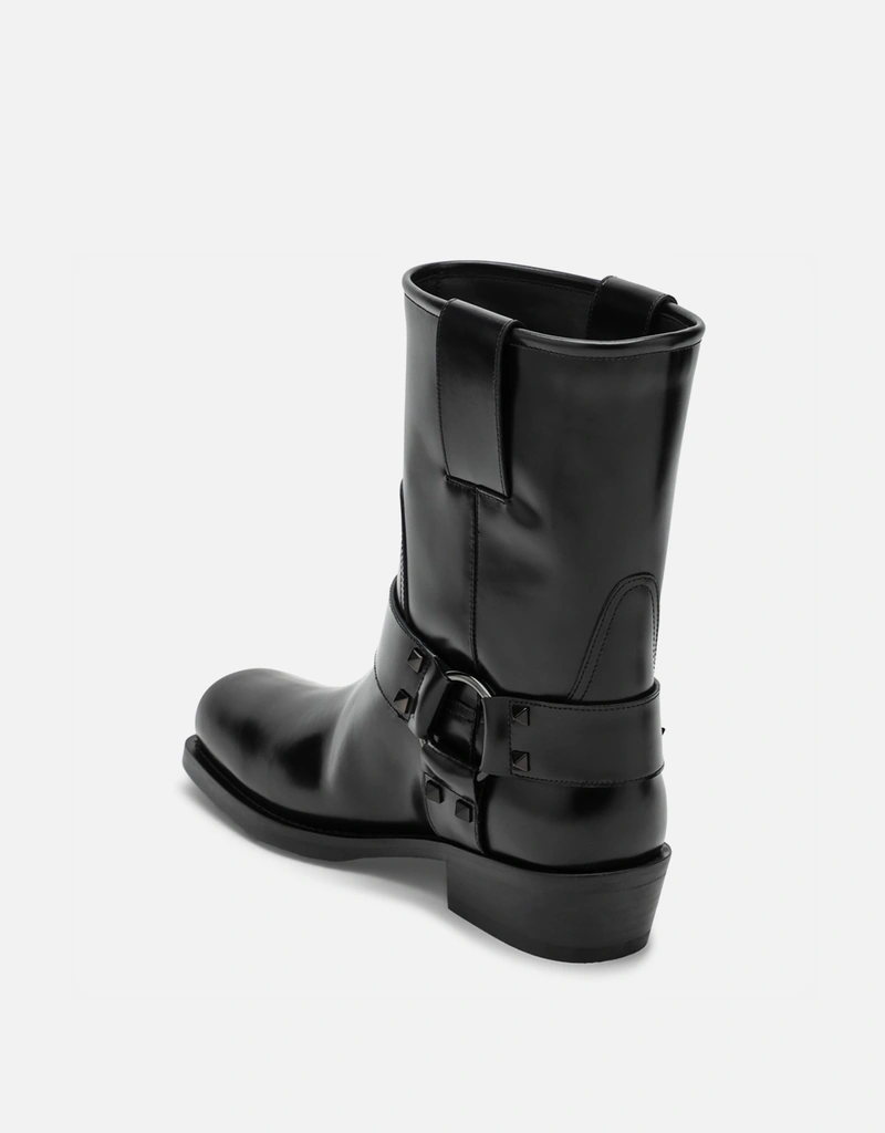 Valentino Garavani ブラックレザーバイカーロックスタッドローブーツ