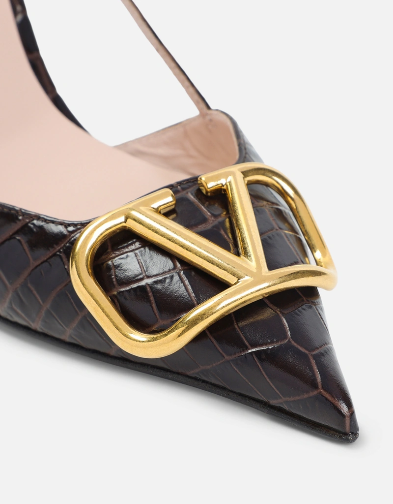 VALENTINO ゴールドのロゴバックルが特徴のスリングバックパンプス。 Valentino Garavani Vlogoシグネチャー プリントカーフスキン 80mm