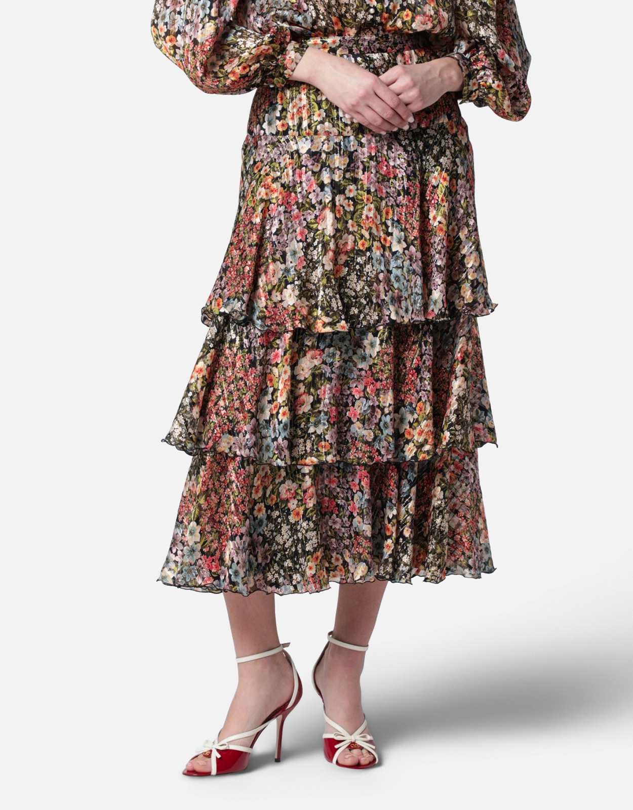 Valentino Garavani Silk Tiered Skirt With Floral Print - IT 40　ヴァレンティノ ガラヴァーニ フラワープリント シルク ティアード スカート - IT 40 Valentino