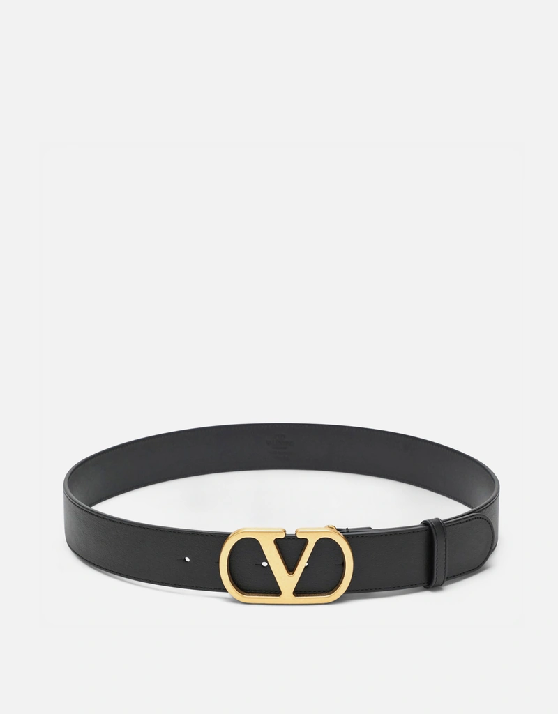 Valentino Garavani メンズブラックゴールドレザーベルト (ベルト