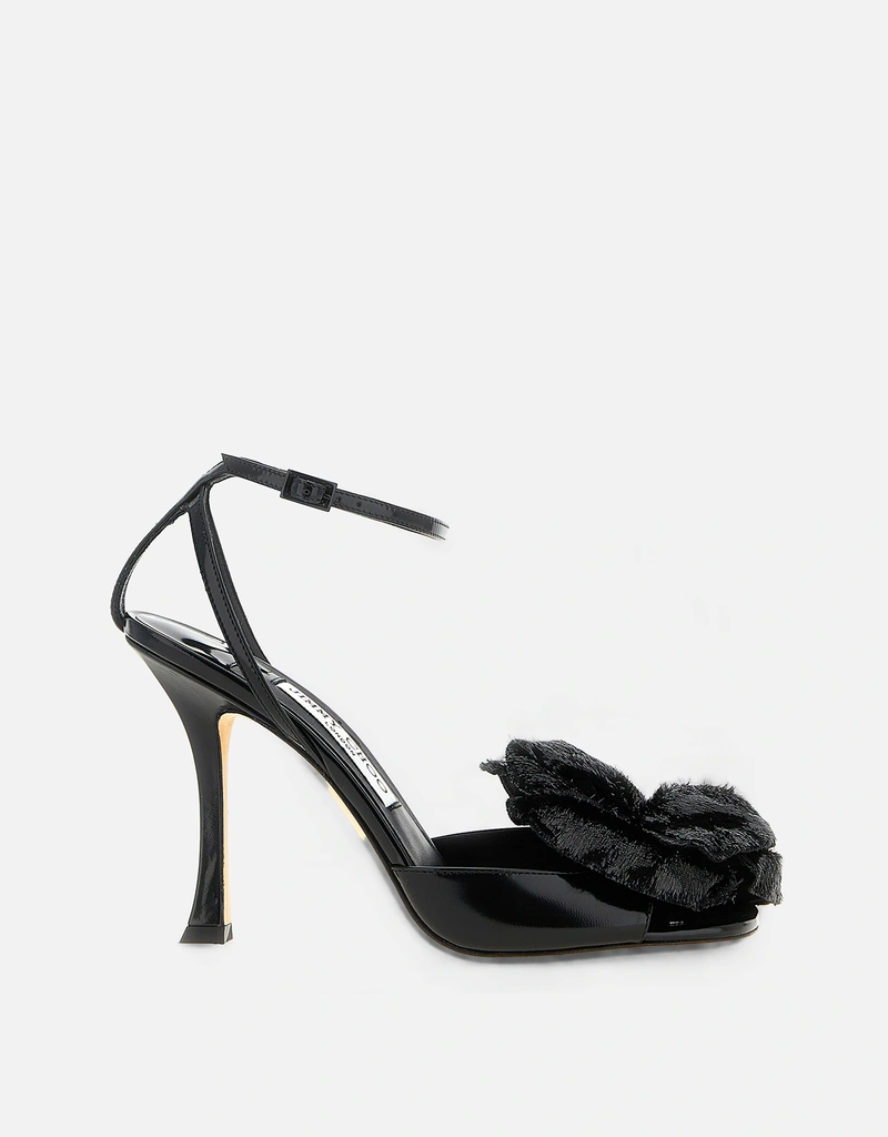 JIMMY CHOO Mimmi Shiny Leather 3D Flower Spool Heel Sandals