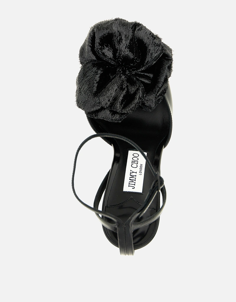 美品 JIMMY CHOO パール装飾ミュール ブラック23cm JIMMY CHOO Mimmi Shiny Leather 3D Flower Spool Heel Sandals