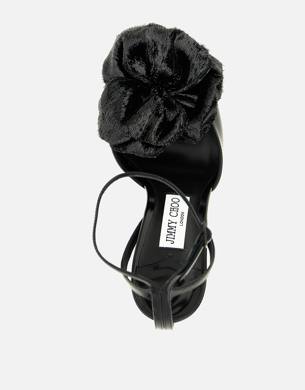 JIMMY CHOO Mimmi Shiny Leather 3D Flower Spool Heel Sandals