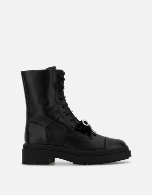Jimmy Choo ブラック シアリング エシュブーツ JIMMY CHOO ブラックレザーボウディテールラウンドトゥレースアップ