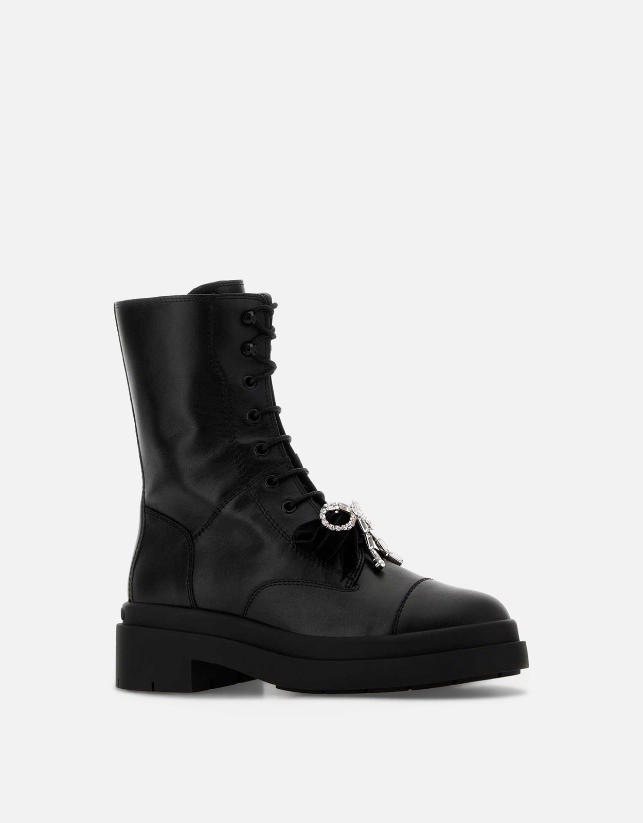 JIMMY CHOO ブラックレザーボウディテールラウンドトゥレースアップ