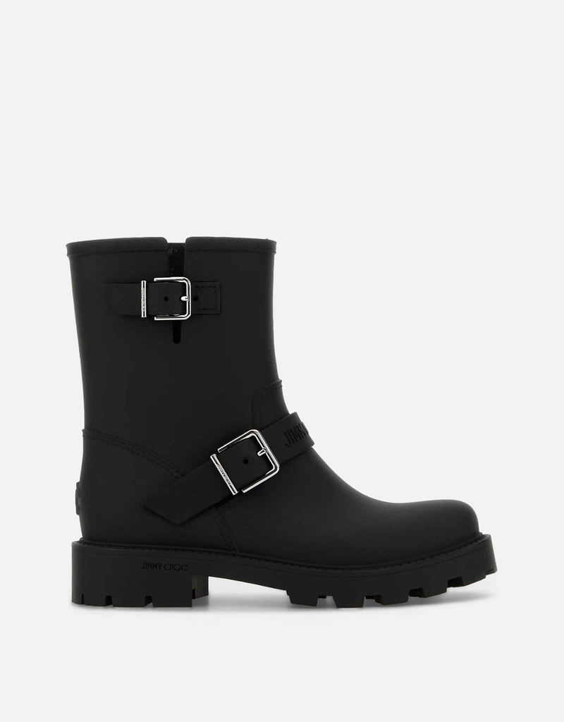 JIMMY CHOO ブラックラバーバイカー レイン アンクルブーツ () IFCHIC.COM