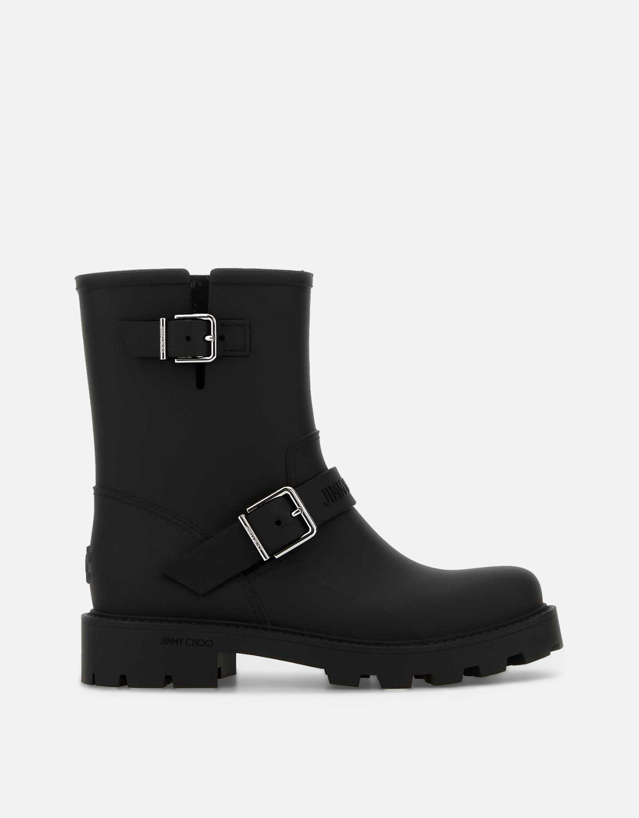 JIMMY CHOO ブラックラバーバイカー レイン アンクルブーツ () IFCHIC.COM