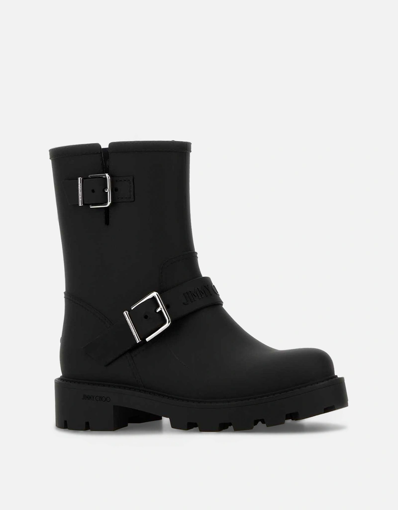 JIMMY CHOO ブラックラバーバイカー レイン アンクルブーツ () IFCHIC.COM