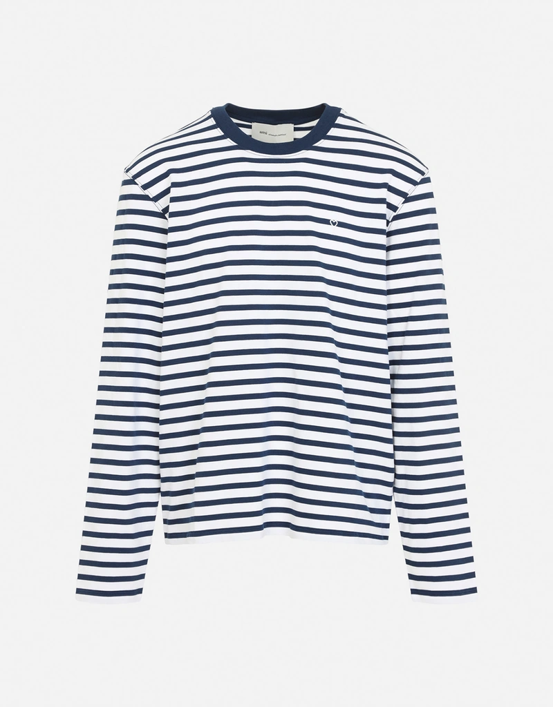 AMI Paris メンズ ブルーコットン長袖マリニエールTシャツ (すべての