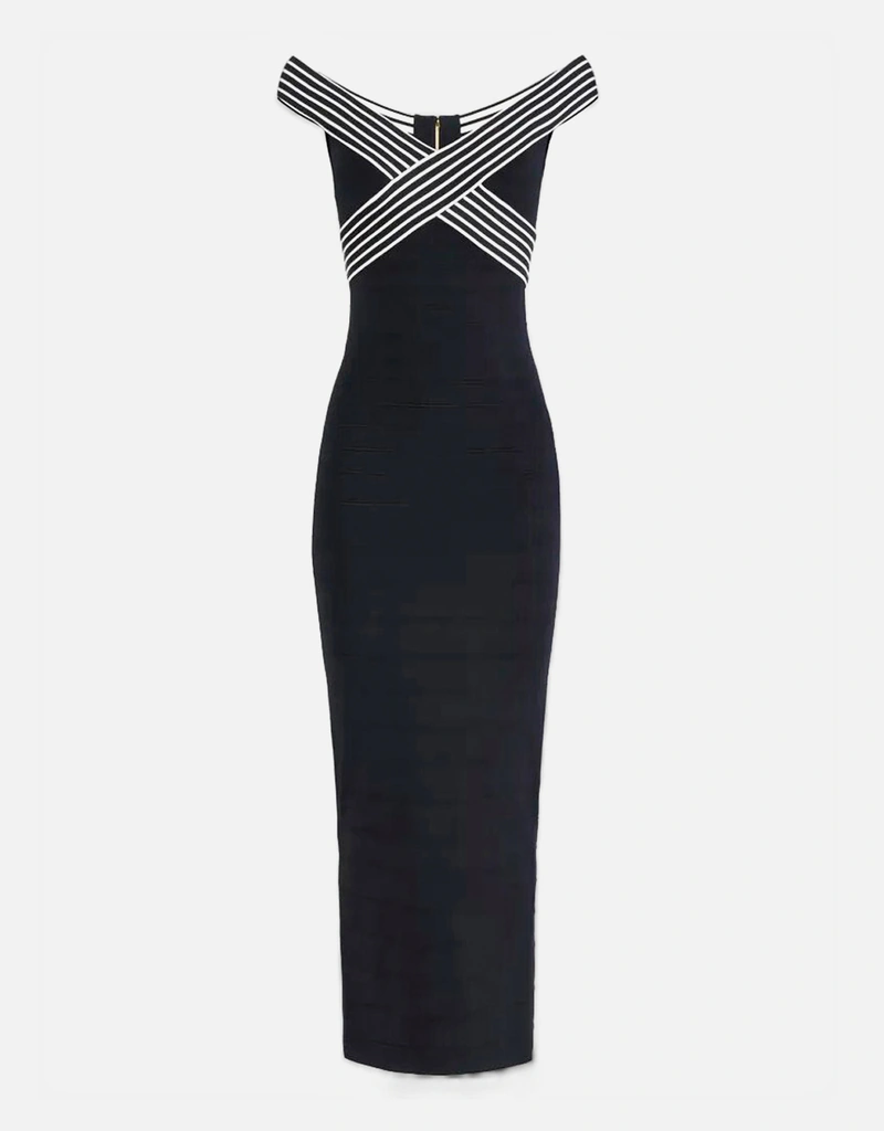 Elisabetta Franchi ストライプバンド付きニットロングドレス (すべて