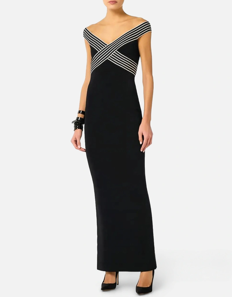 Elisabetta Franchi ストライプバンド付きニットロングドレス (すべて