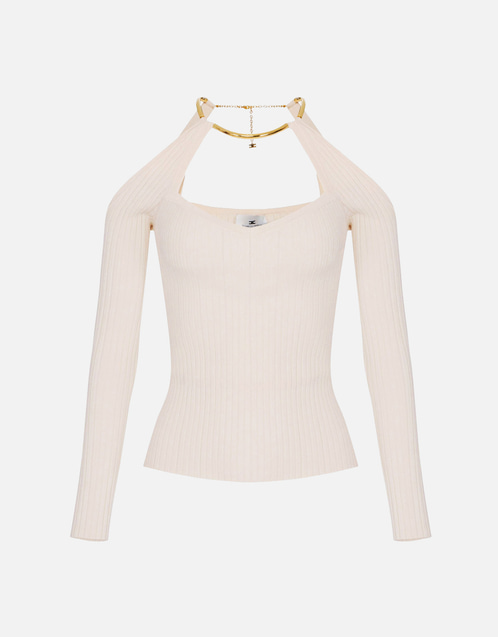 ELISABETTA FRANCHI ロゴニットトップス38 Elisabetta Franchi Viscose Knit Top with Logo - White | MK73Q61E2