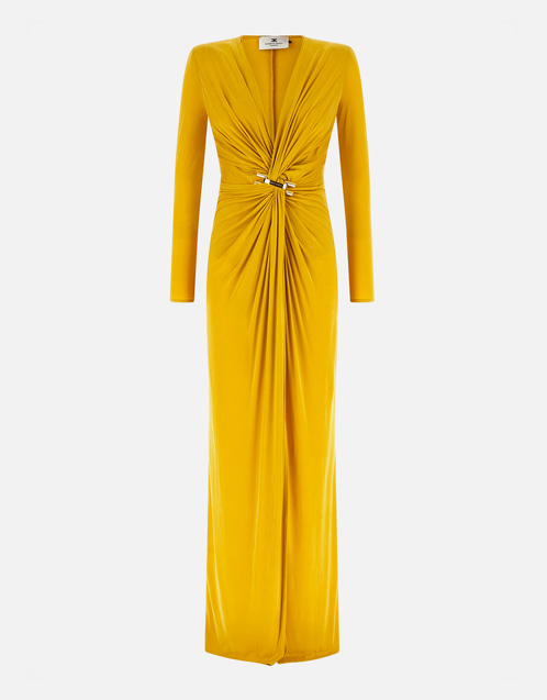 ELISABETTA FRANCHI ロゴモチーフ レッドカーペットドレス Elisabetta Franchi ジュエルロゴレッドカーペットキュプロジャージー