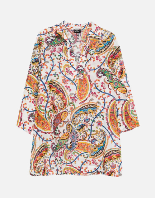 Etro ペイズリープリント コットン シルク Vネック ビーチ着物シャツ