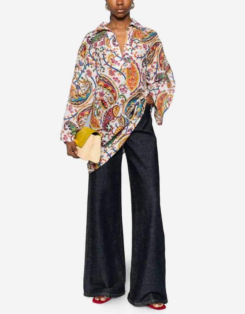 Etro ペイズリープリント コットン シルク Vネック ビーチ着物シャツ Etro ペイズリープリント コットン シルク Vネック ビーチ着物シャツ