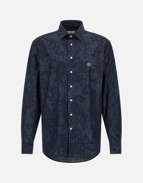 Etro メンズコットンデニムペイズリーラメージシャツ (すべての新品