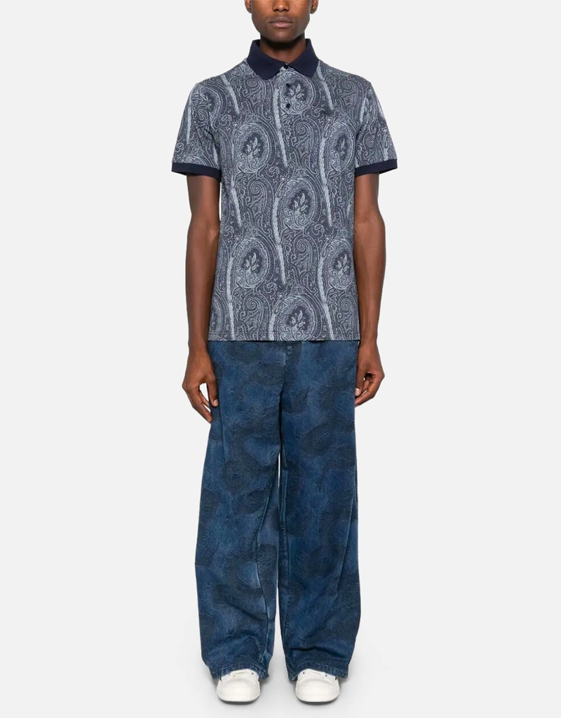Etro メンズ オールオーバー フォリッジ コットン ポロシャツ (すべて