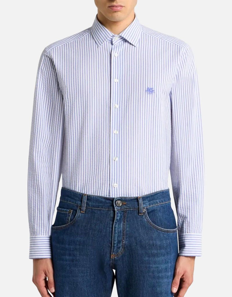 Etro メンズ ストライプ コットン シアサッカー シャツ (すべての新品